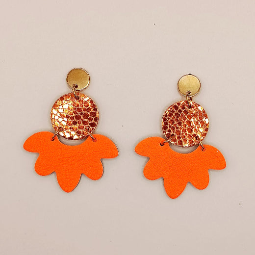 Boucles d'oreilles cuir Solandra orange fluo et métallisé