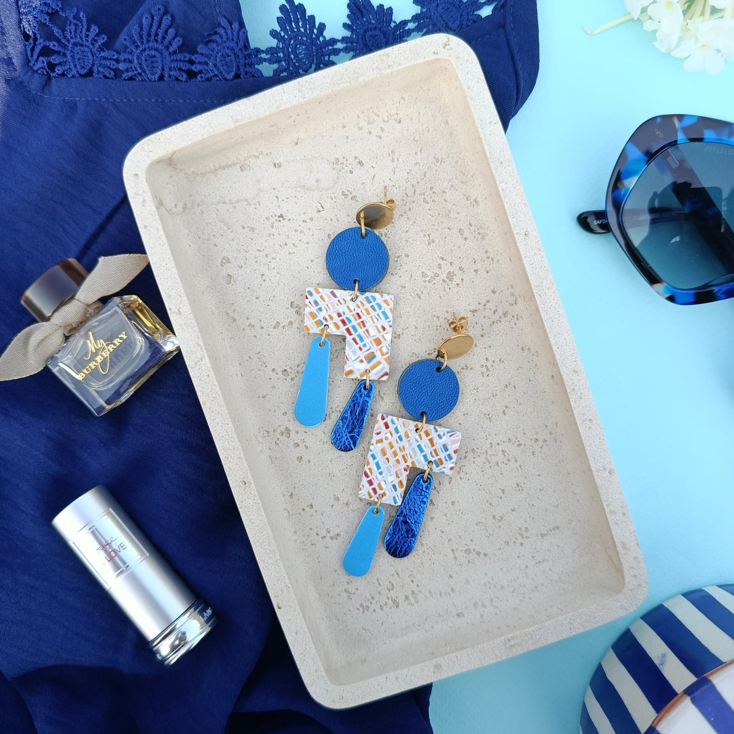 Boucles d'oreilles cuir Ziggy terre bleu
